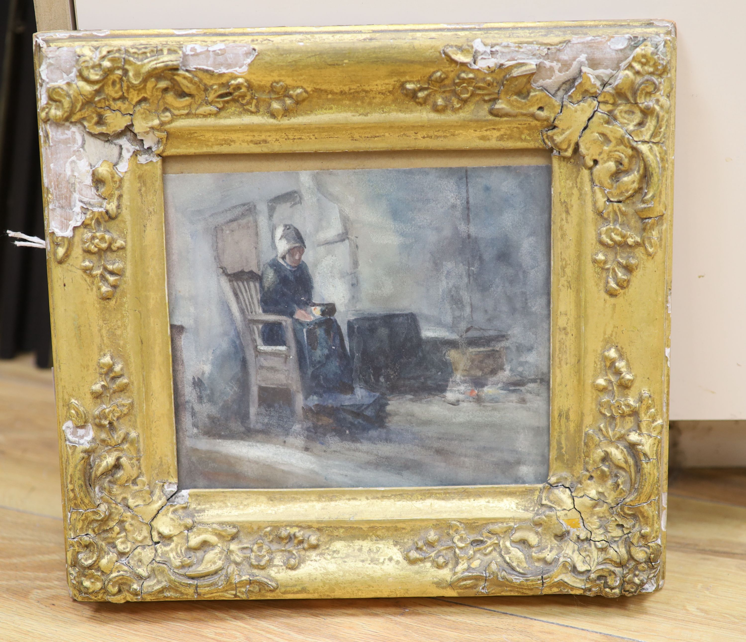 Manner of Josef Israels (Dutch 1824-1911), Interior scene with a seated figure of an elderly woman, watercolour, 17.5 x 19.5cm